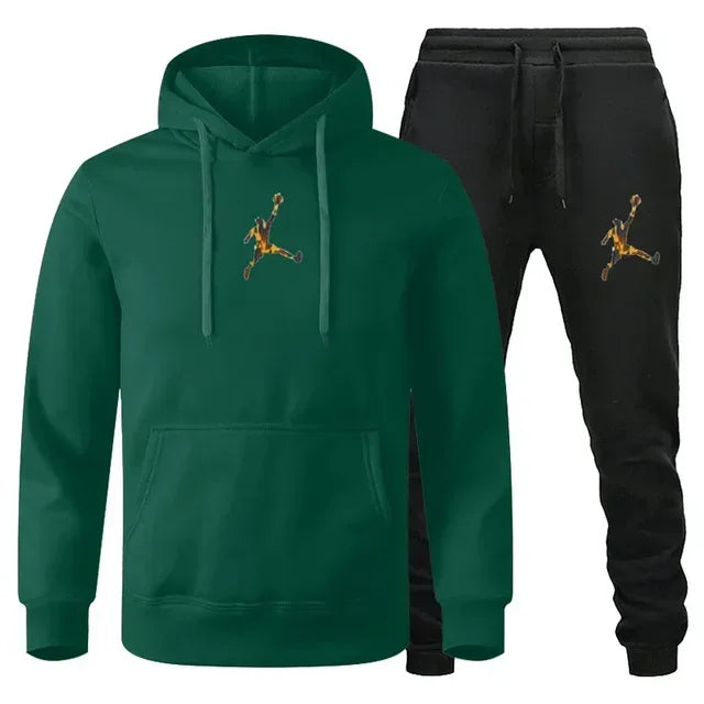 A 2-piece men's outdoor fitness sportswear set featuring a hooded long-sleeved sweatshirt, pullover and casual pants for autumn