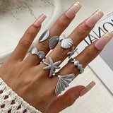 6pcs Set Exaggerated Personality Summer Starfish Shells Sun Flower Rings for Women Retro Irregular Charm Finger Jewelry Set Gift