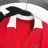 Contrast Single Breasted Knitted Dress For Women Elegant Lapel Short Sleeve Hollow Out Chic Dresses Female Red Black Vestidos