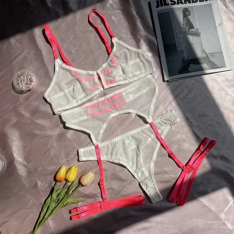 Sexy Women's Underwear Set Transparent Three Piece Bra And Underwear Set Garter Belt Exotic Mesh Mesh Underwear Sleepwear Set ok