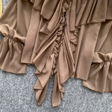 SINGREINY Chic Ruffles Splice Chiffon Blouse V Neck Flared Sleeve Loose Tops 2025 Fashion Solid Fairycore Vacation Women Shirt