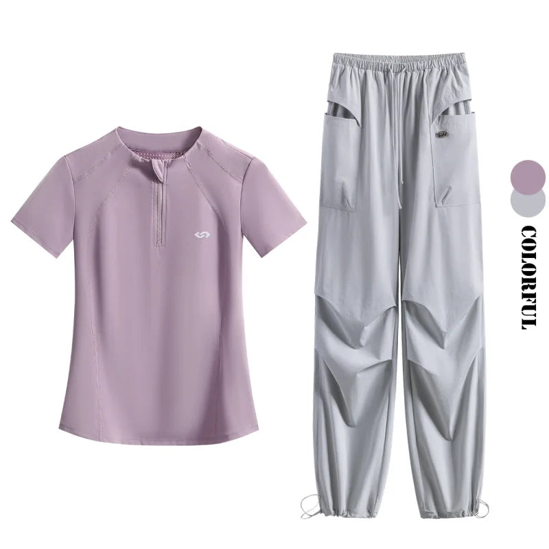DRUR Summer Hiking Tracksuit Women Breathable Quick Dry Running Set  2 Piece Gym Outfit Slim Fit Sports Top Cargo Pants Suit New
