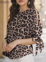 ZANZEA Summer Leopard Printed Blouse Women Elegant Half Sleeve Work Shirt Fashion Lace Up Holiday Tops Bohemian Stylish Blusas
