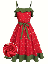 Plus Size Strawberry Print Dress Women's Red Strapless Sundress Green Lace Trim Summer Dress Free Shipping