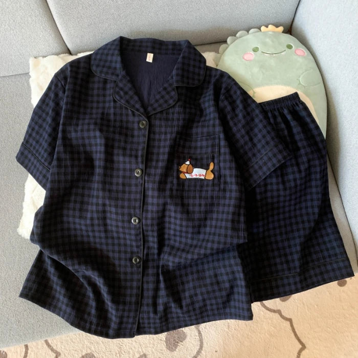 Embroidery Dog Sweet Fashion Cute Pajamas Set for Women Plaid Lapel Neck Elastic Waist Design Pajamas Short New Casual Nightwear
