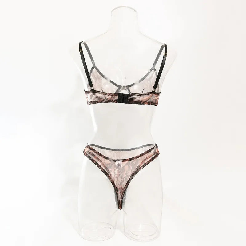 Toucheart 2-Piece Sexy Leopard Print Lingerie Set Bra Women Hollow Sexy Lingerie Thin Mesh Patchwork Print See-Through Sexy Set