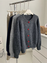 Deep Grey Wool Knitted Cardigan For Women 2026 Autumn Winter Soft And Sticky Warm Love Buckle Shoulder Sleeves