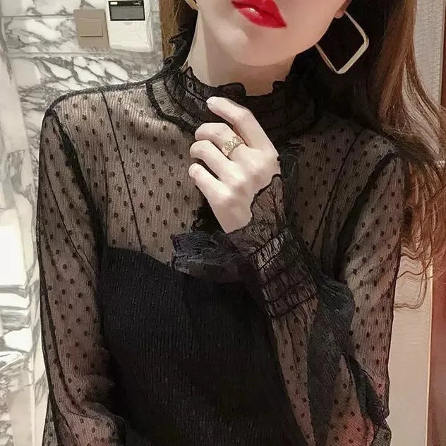 Women Elegant High Neck Polka Dot Blouse Mesh Lace Stitching Puff Long Sleeve Shirt Slim Fit Office Ladies Fashion Daily Tops