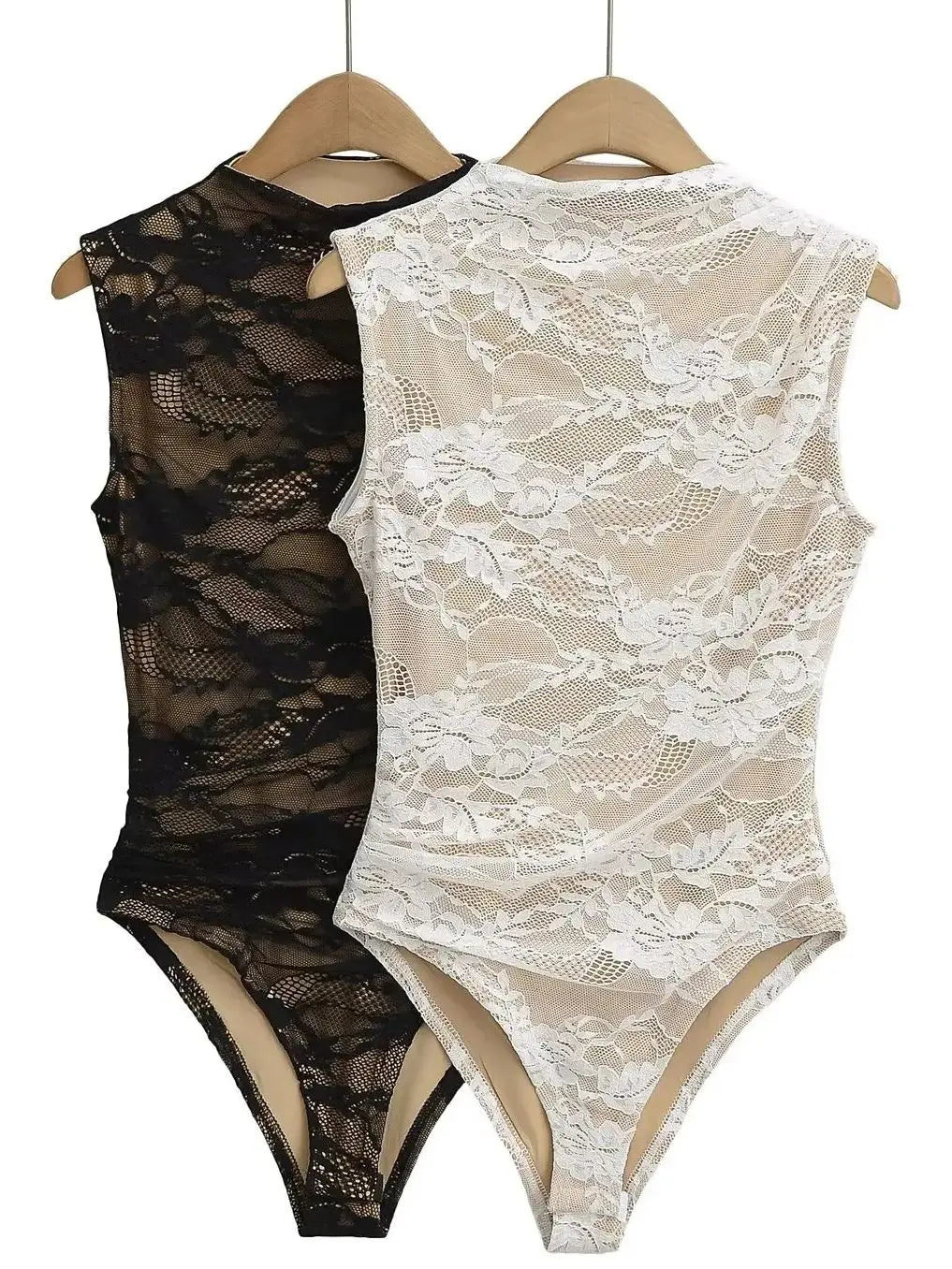 2025 Women's Summer Elegant Beige Black Sleeveless Lace Bodysuits Lady Luxury High Quality Street Bodycon Rompers Jumpsuits Tops