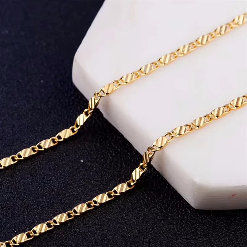 Fashion 18K Gold Necklace 2MM 16/18/20/22/24/26/28/30 Inch Side Chain Necklace For Women Men Jewelry 925 Silver Necklace