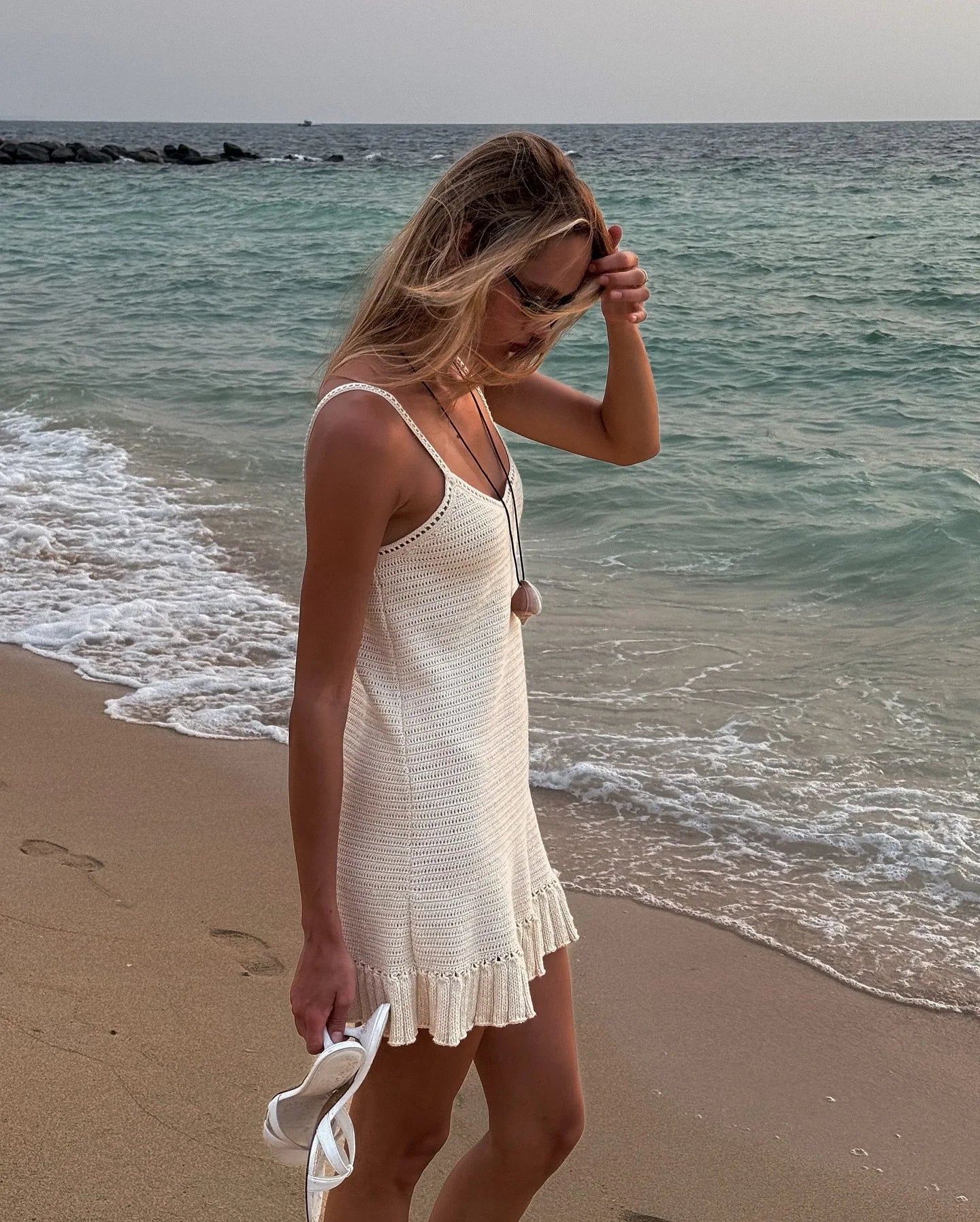 Sexy Crochet Halter V Neck Chic Ruffle Knit Beach Mini Dress 2026 Women Comfy Swimsuit Cover Up Seaside Holiday Club Dresses K58