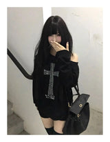 Seeslim Cross One-shoulder Graphic Hoodies Long Sleeve Black Women's Sweatshirts Harajuku Grunge 2000s Clothes Y2k Autumn Tops