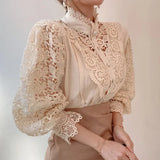 New Women's Long Sleeve High Neck  Chic Blouse, Lace Paneled Hollow Sleeve Elegant Top, Vintage Fashion Office Lady Outfits