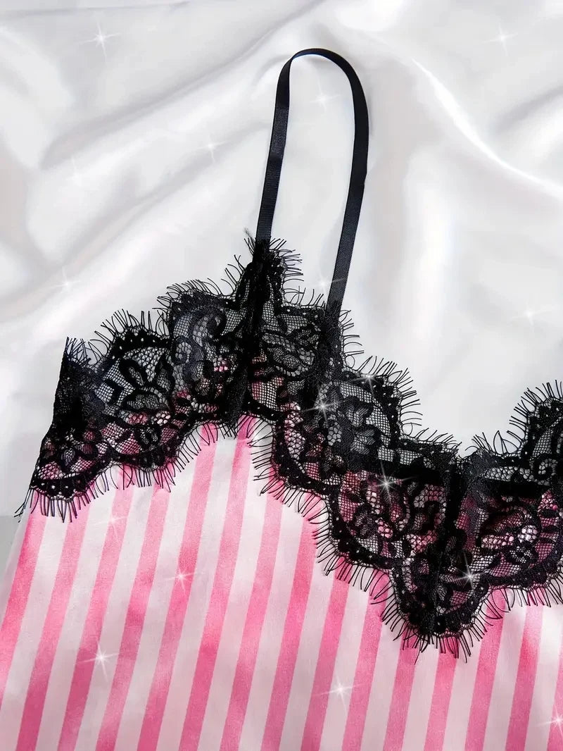 Summer Silk Satin Women's V-Neck Sexy Lace Suspender Pajama Shorts Set Stripes Heart Casual Women's Sleeveless Sexy Pajama Set