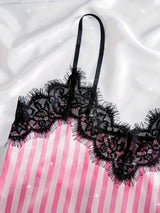 Summer Silk Satin Women's V-Neck Sexy Lace Suspender Pajama Shorts Set Stripes Heart Casual Women's Sleeveless Sexy Pajama Set
