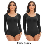 POKARLA Spandex Elastic Body Suit Shapewear Women Body Shaper Tummy Control Long Sleeve Open Crotch Round Neck Seamless Shapers