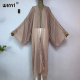 WINYI 2023 Women Bohemian Gold Thread Monochrome Elegant Casual Dress African Cardigans Outerwear For Women Summer Sexy Kimono