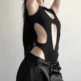 Gothic tops Y2k clothes sexy spicy hollow out bodysuit nigh clubwearr ashion women's patchwork slim fitting jumpsuit top tees