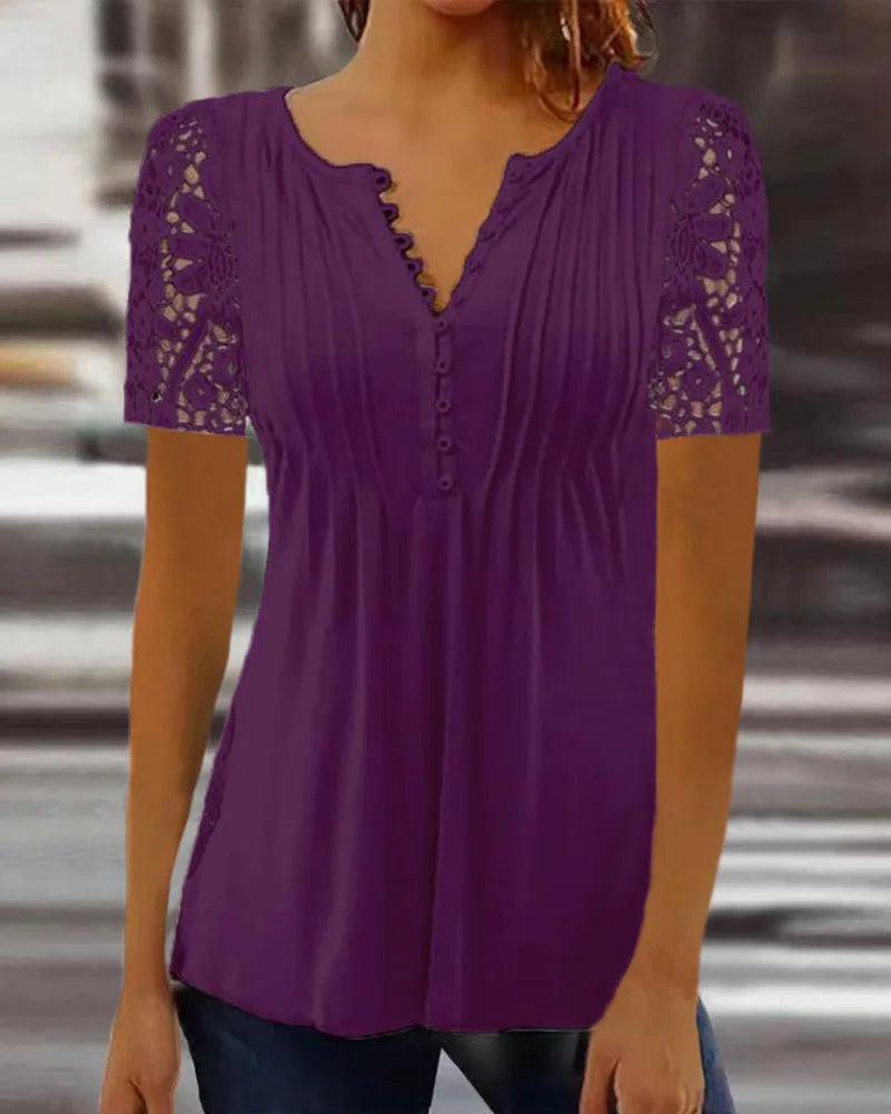 Summer Spring New Women's Loose and Comfortable Casual Lace V Neck Printed Blouse Floral Short Sleeve Elegant Fashion Shirt