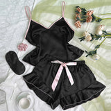 Women's Smooth Satin Pajamas V-Neck T-Shirt Ruffled Edges And Bow Shorts Simple And Breathable Pajama Set Sling Home Clothing