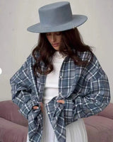 New Vintage Women Oversized Long Sleeve Plaid Shirt Blouse Tops Autumn Winter Button Down Loose Lapel Pocket Shirt Korean Style
