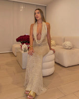 Women's Sexy Stacked V Neck Sleeveless Backless Lace-up Knit Beach Maxi Dress 2026 Summer Swimsuit Cover Up Party Outfit K242