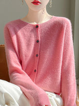 Women 100% Merino Wool Cardigan Soft O-Neck Cashmere Sweater OL Buttoned Knitwear Casual Top Clothing Korean Style
