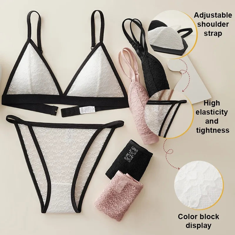 Women Triangle Bra and Panties Set Sheer Floral Lace Bralette Low-Rise Briefs Sexy Lingerie Set Removable Pads Ladies Underwear