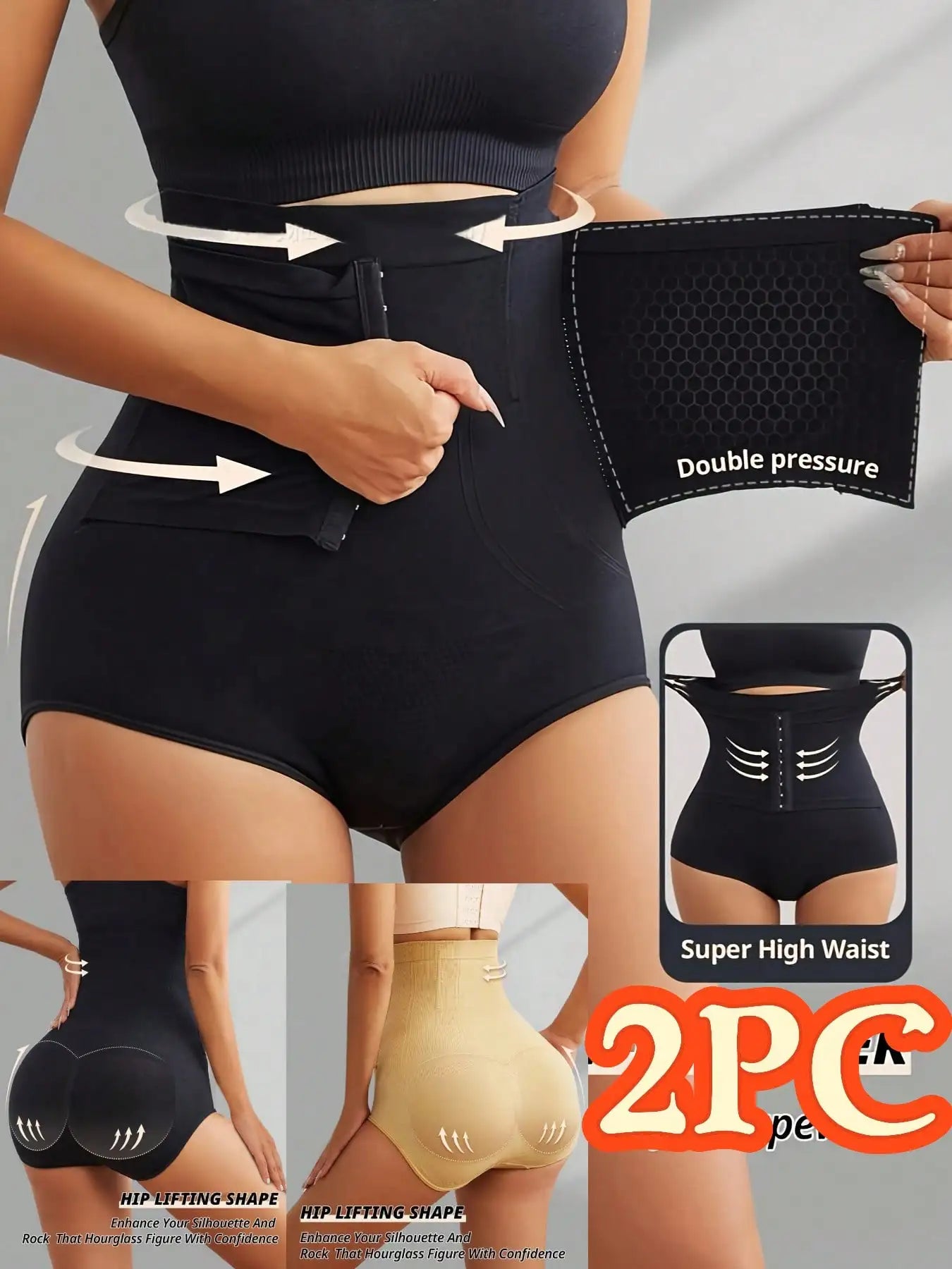 2PC,Women Seamless High Waist Waist Cincher Panty Briefs Strong Compression Faja Shaperwear Tummy Control Body Shaper Belly Shaping Butt Lifting Underwear