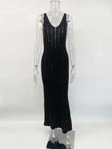 Trendix Knit Backless Dress For Women V Neck Slim Sleeveless Suspender Maxi Dress Vacation Sexy Beach Knitted Elegant Long Dress