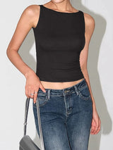 Women Double Layer Boat Neck Soft Slinky Tank Top