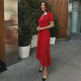 Contrast Single Breasted Knitted Dress For Women Elegant Lapel Short Sleeve Hollow Out Chic Dresses Female Red Black Vestidos