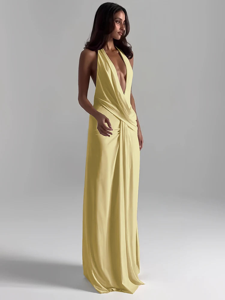 Sisterlinda Sexy High Splits Long Dress Women Halter Deep V-Neck Backless Sleeveless Summer Pool Party Ruched Elegant Vestidos