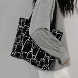 Cute Cat Shopper Handbags Shoulder Fashion Canvas Casual Shopping Girls Women Graphic Tote BagJapanese Cartoon Small Shoulder