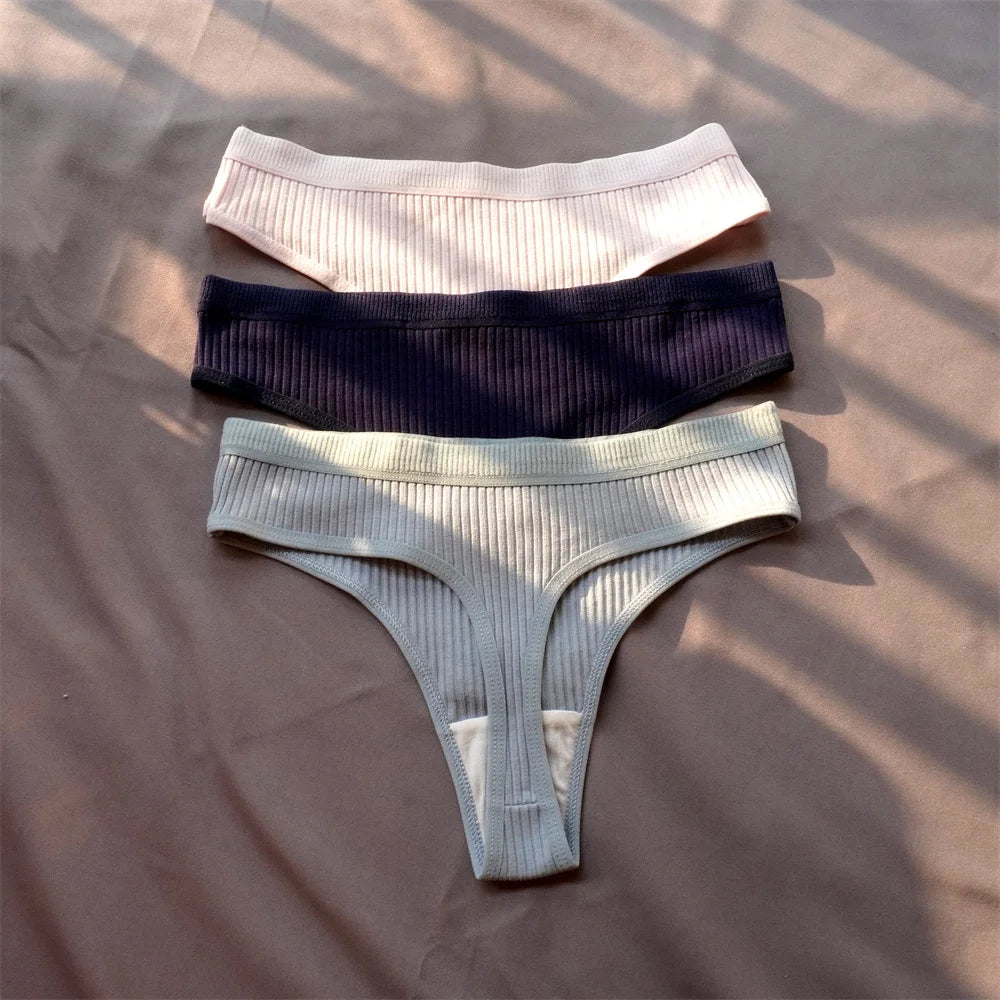 3 Pcs Seamless Ladies Ribbed Cotton Thong Simple Women's Low Waist Bikini Briefs Sports Girls Underwear Plus Size