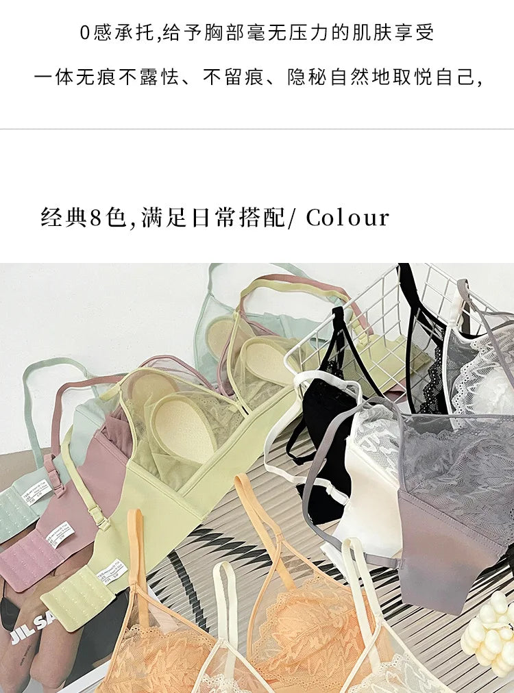 Sexy Lace Crop Top Deep V Backless Camisole Hollow Mesh Bra Female Solid Color Seamless Underwear Removable Chest Pad Tank Top