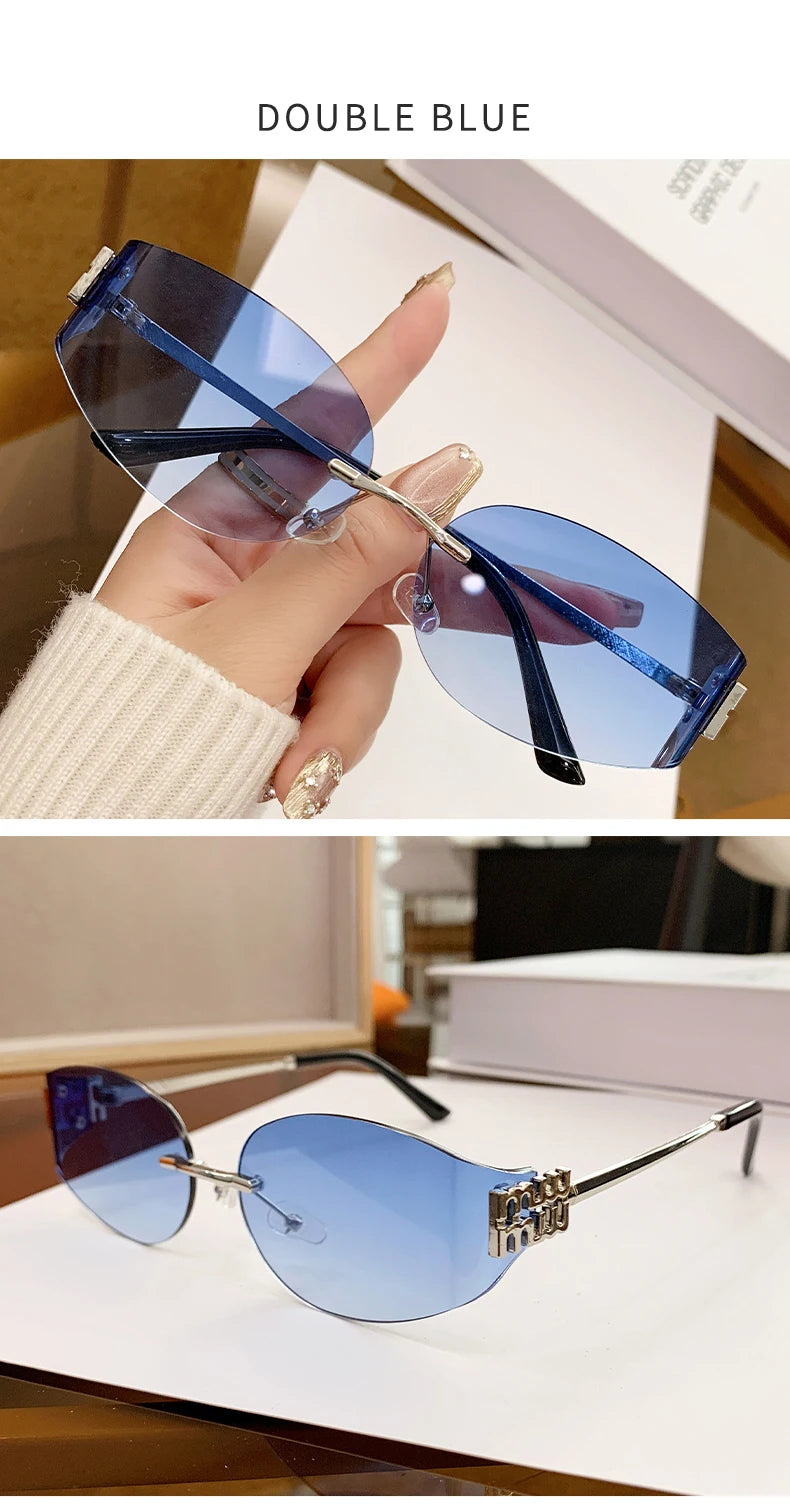 Rimless Oval Sunglasses Women UV400 Oversized Gradient Black Lenses Metal Frame Punk Decorative Glasses Men Goggles Female