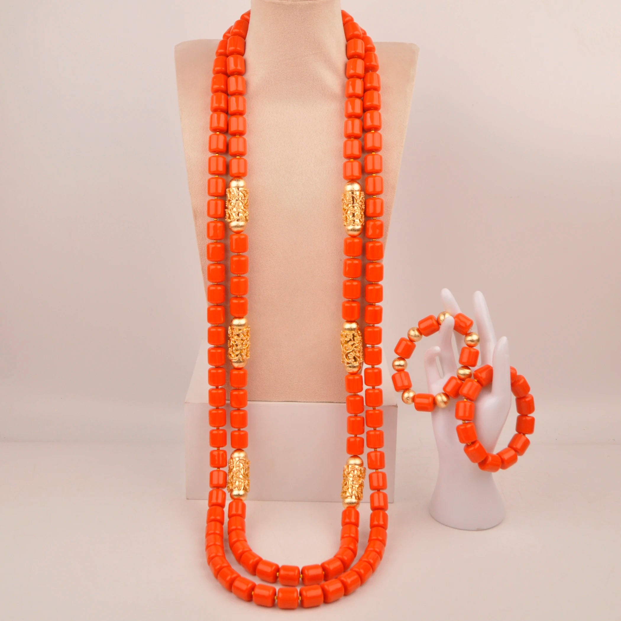 32inches 2Layers orange artifinal nigerian coral bead jewelry set wedding
