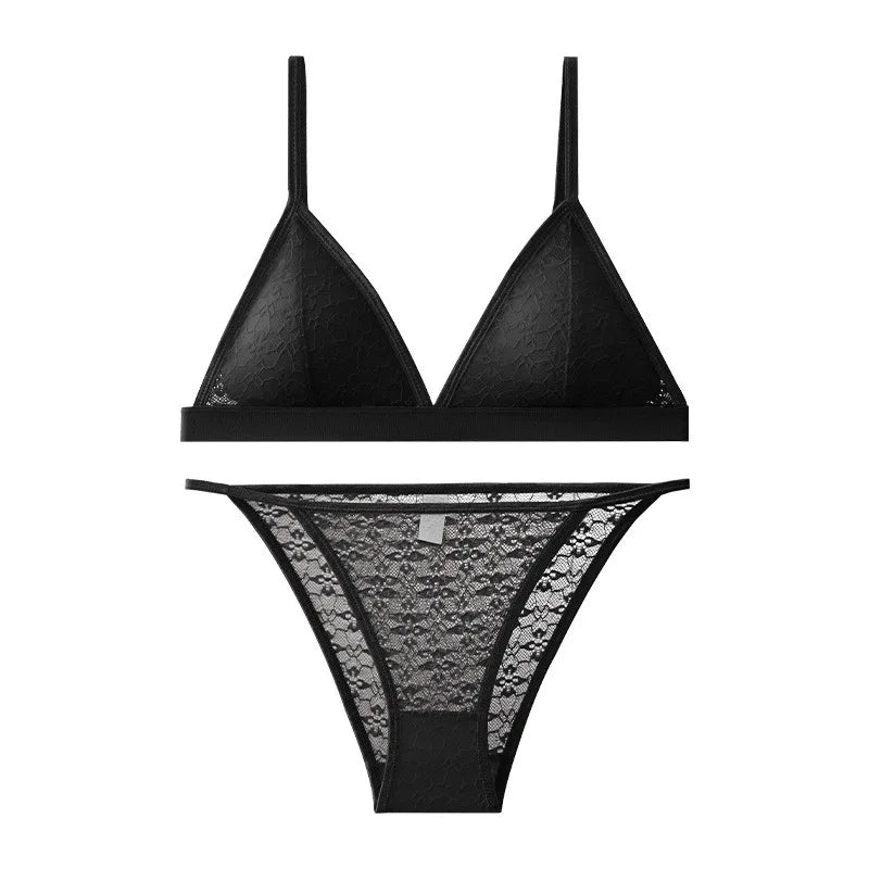 Women Triangle Bra and Panties Set Sheer Floral Lace Bralette Low-Rise Briefs Sexy Lingerie Set Removable Pads Ladies Underwear