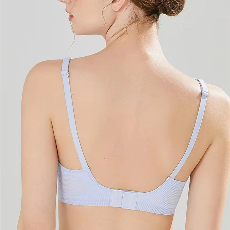 Seamless Women's Bra Small Chest Big Hollow Design Underwear Support Non-removable Semi-fixed Cup One Piece Striped Thin Bra