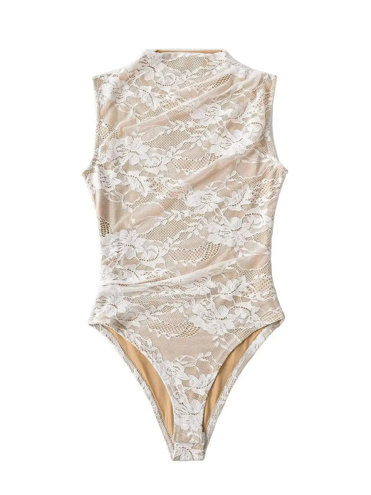 2025 Women's Summer Elegant Beige Black Sleeveless Lace Bodysuits Lady Luxury High Quality Street Bodycon Rompers Jumpsuits Tops
