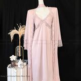 New Female Long Robe Nightgown Set Sexy Lace Trim Sleepwear Suspender Nightdress Spring Summer Casual Satin Home Dress Bathrobe