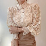 New Women's Long Sleeve High Neck  Chic Blouse, Lace Paneled Hollow Sleeve Elegant Top, Vintage Fashion Office Lady Outfits