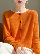 Women 100% Merino Wool Cardigan Soft O-Neck Cashmere Sweater OL Buttoned Knitwear Casual Top Clothing Korean Style
