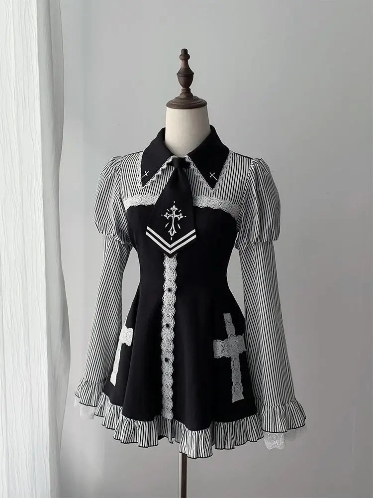 2025 Japanese Sweet Lolita Kawaii Dress Women Spring Printed Bow Fake Two Piece Dress Female Korea Style Design Party Clothing