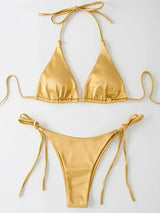 Halter Brazilian Metallic Satin Bikini Women Swimwear Female Swimsuit Two-pieces Bikini Set High Cut Bathing Suit Swim Beachwear