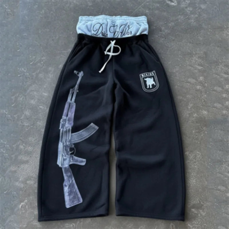 European and American Embroidered Street Couple Double Head Double Waist Pants Personalized Printed Pattern Pants