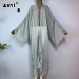 WINYI 2023 Women Bohemian Gold Thread Monochrome Elegant Casual Dress African Cardigans Outerwear For Women Summer Sexy Kimono