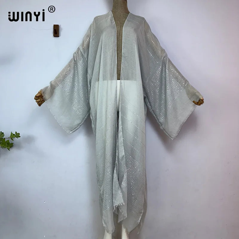 WINYI 2023 Women Bohemian Gold Thread Monochrome Elegant Casual Dress African Cardigans Outerwear For Women Summer Sexy Kimono