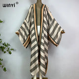 WINYI Kimono Africa Summer Boho Stripe Print Beach Swimwear Elegant Cardigan Sexy Holiday Maxi Beach Wear Swimsuit Evening Dress